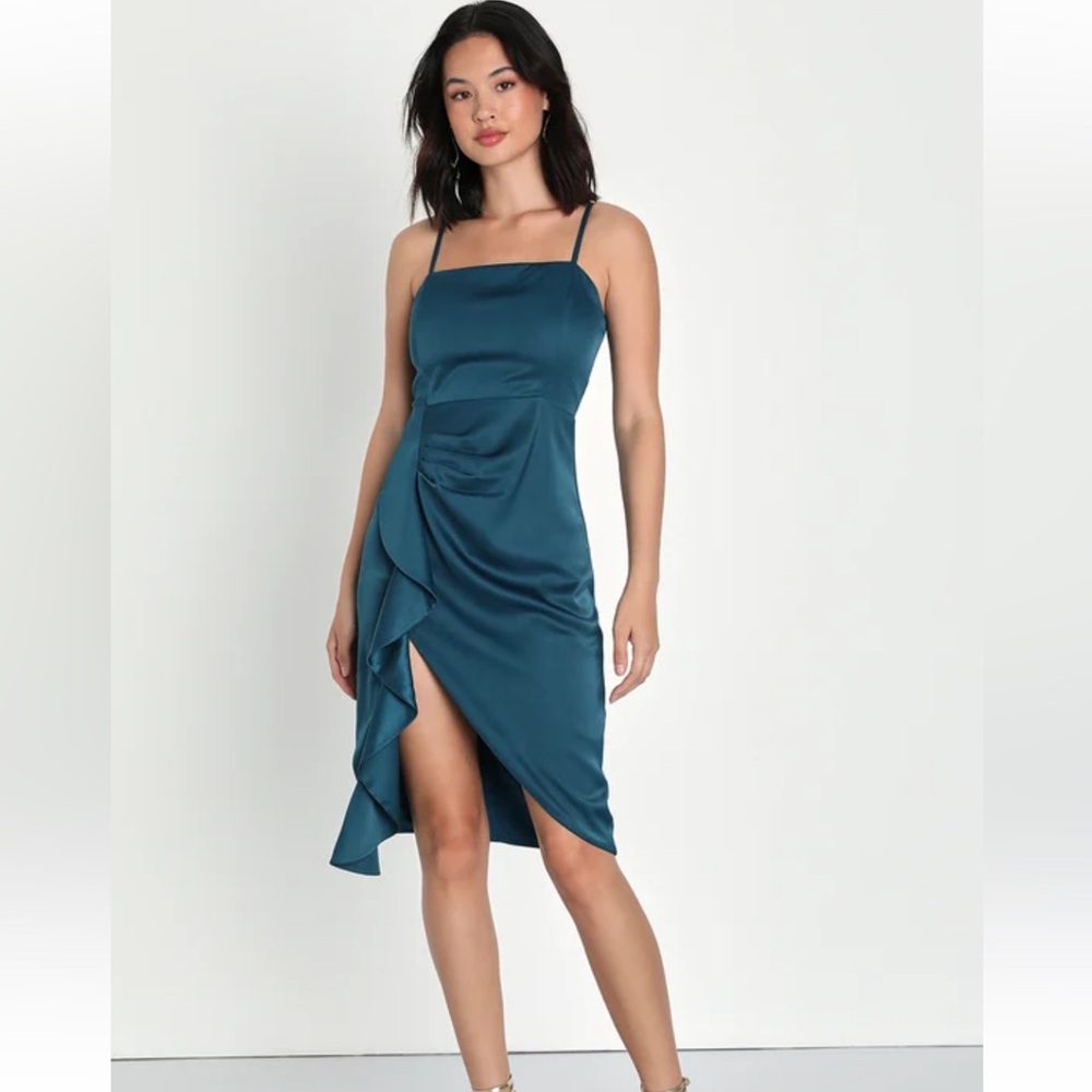 Lulus Like What You See Teal Satin Asymmetrical Ruffled Midi Dress XL NEW W TAGS